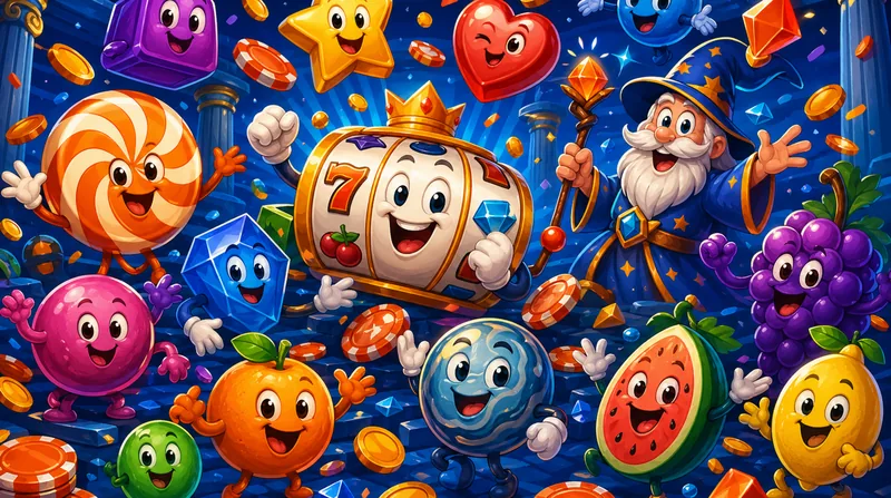 Ilustracja gier kasynowych Mostbet — automaty i postacie w stylu slotów